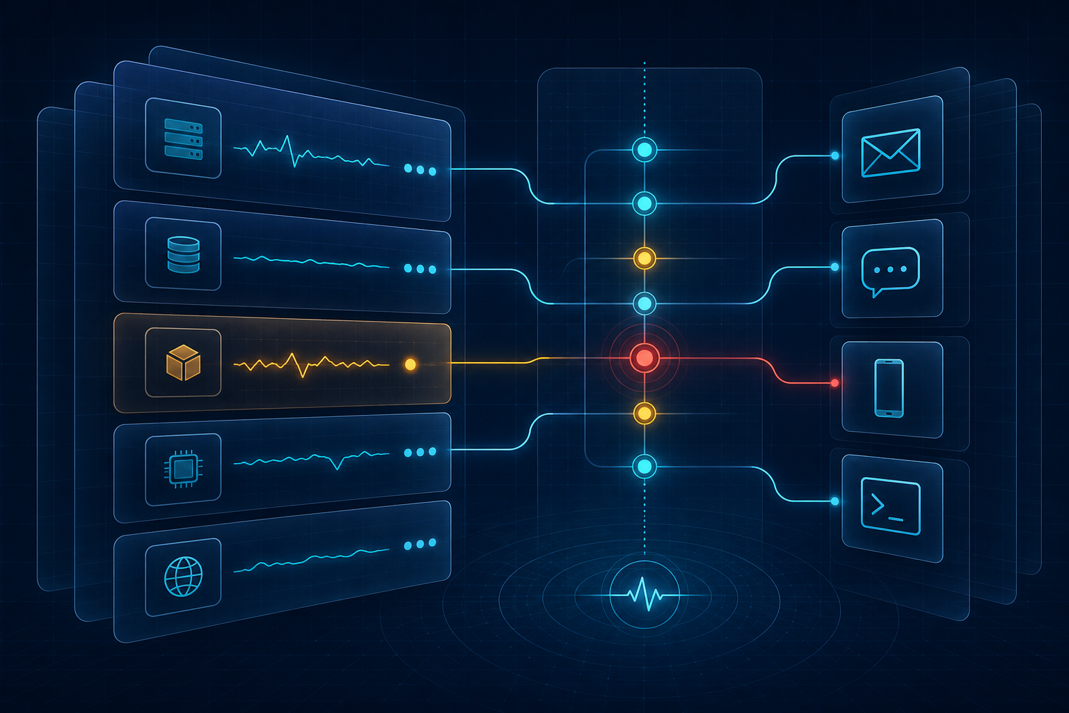 Abstract illustration of monitored sources flowing through a sentinel into notification channels
